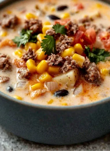 Bowl of creamy cowboy soup garnished with herbs and served with bread
