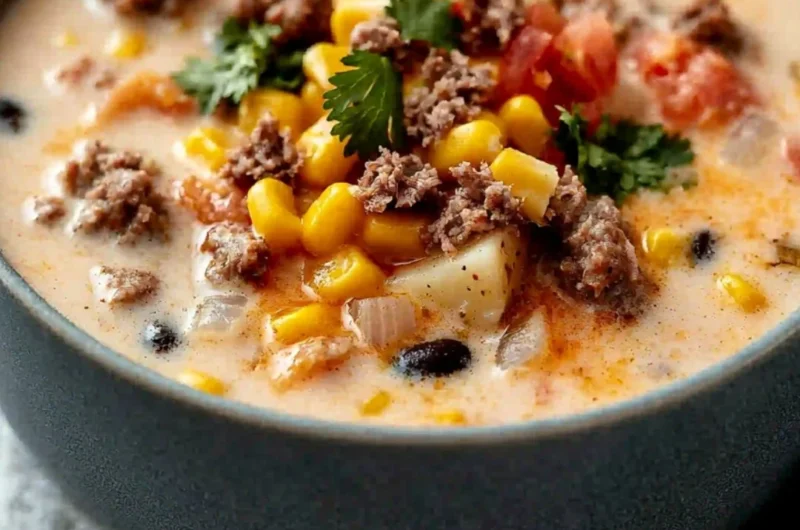 Bowl of creamy cowboy soup garnished with herbs and served with bread