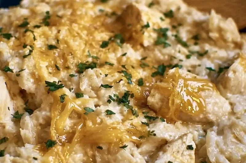Easy Crock Pot Chicken and Rice dish in a slow cooker