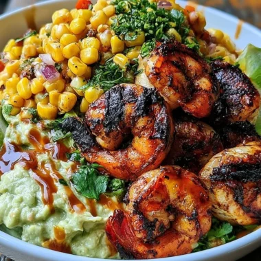 Delicious grilled shrimp bowl with avocado and corn salsa