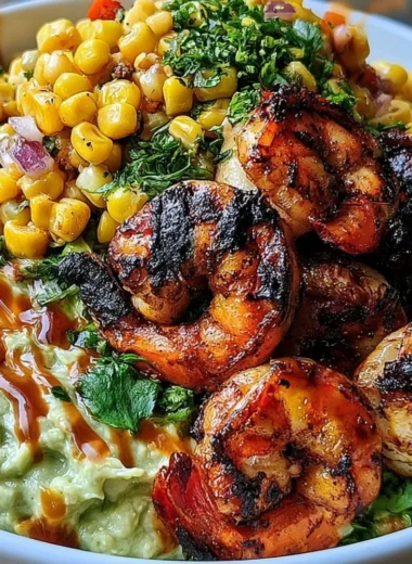 Delicious grilled shrimp bowl with avocado and corn salsa