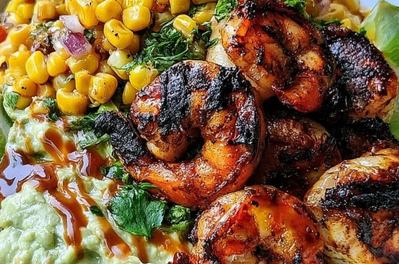 Delicious grilled shrimp bowl with avocado and corn salsa