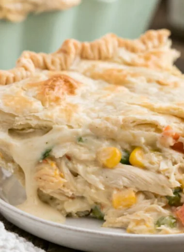 Delicious easy semi-homemade chicken pot pie with flaky crust and savory filling.