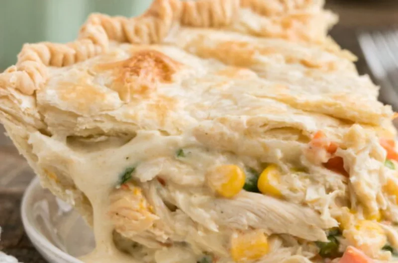 Delicious easy semi-homemade chicken pot pie with flaky crust and savory filling.