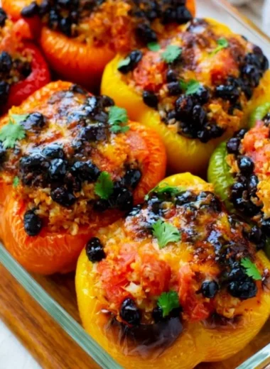 Colorful vegetarian stuffed peppers filled with rice and vegetables