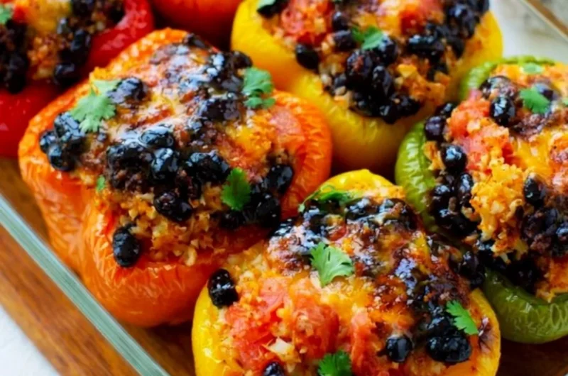 Colorful vegetarian stuffed peppers filled with rice and vegetables