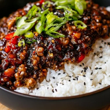 Firecracker Ground Chicken dish served with vegetables and garnish.