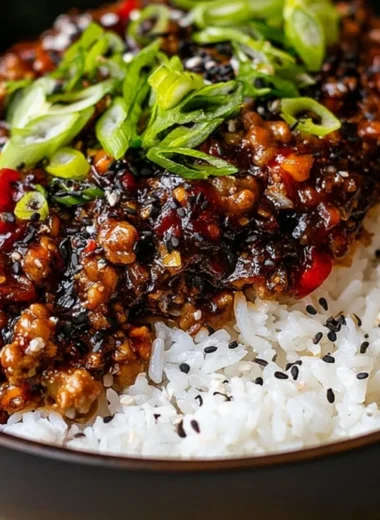 Firecracker Ground Chicken dish served with vegetables and garnish.