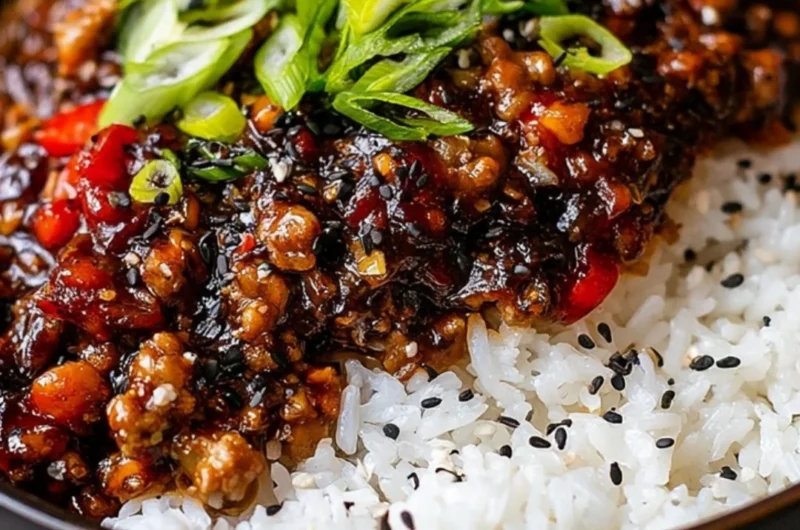 Firecracker Ground Chicken dish served with vegetables and garnish.