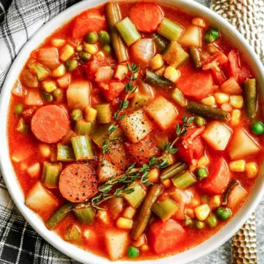 Bowl of hearty vegetable soup with colorful fresh vegetables
