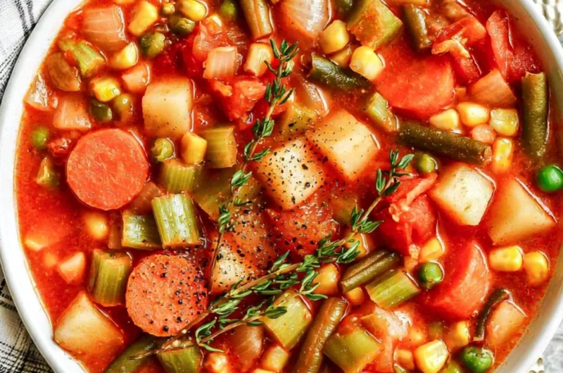 Bowl of hearty vegetable soup with colorful fresh vegetables