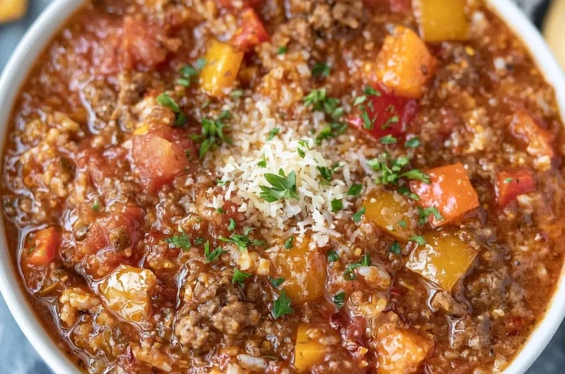 Delicious high protein stuffed pepper soup in a bowl, garnished with fresh herbs.