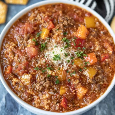 Bowl of high protein stuffed pepper soup with colorful peppers and herbs.