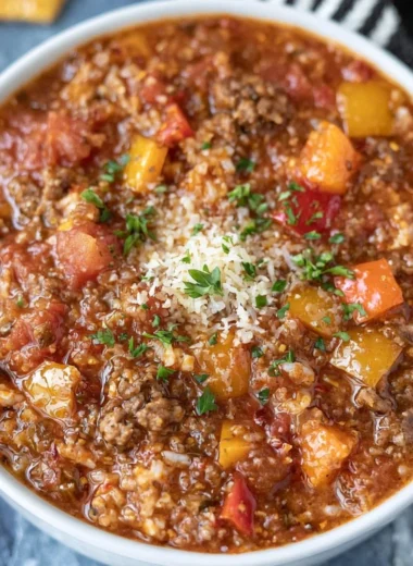 Bowl of high protein stuffed pepper soup with colorful peppers and herbs.