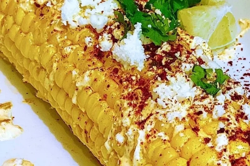 Mexican corn elotes topped with cheese and chili powder
