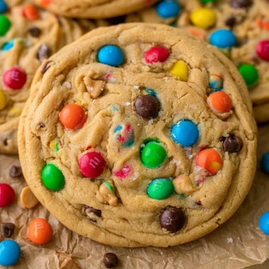 Freshly baked Peanut Butter M&M Cookies on a cooling rack