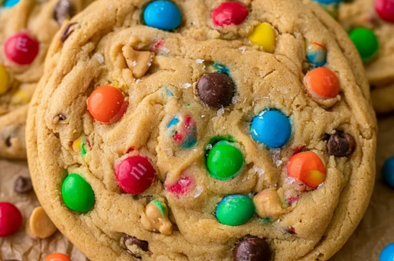 Freshly baked Peanut Butter M&M Cookies on a cooling rack