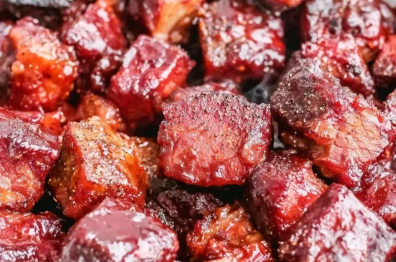 Delicious Poor Man's Burnt Ends served on a plate with BBQ sauce and sides.