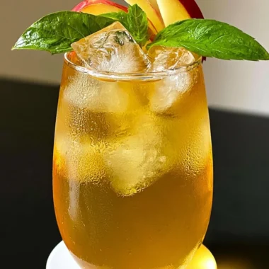 A refreshing glass of iced apple green tea with apple slices and green tea leaves.