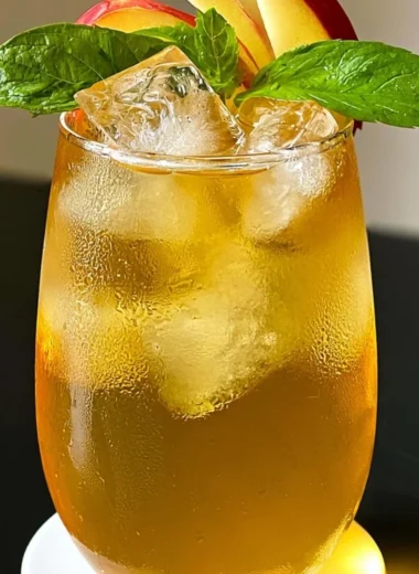 A refreshing glass of iced apple green tea with apple slices and green tea leaves.