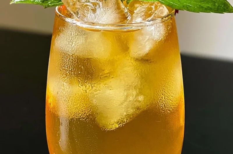 A refreshing glass of iced apple green tea with apple slices and green tea leaves.