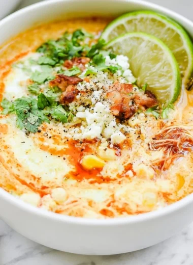 Bowl of Slow Cooker Mexican Street Corn Soup garnished with cilantro and lime