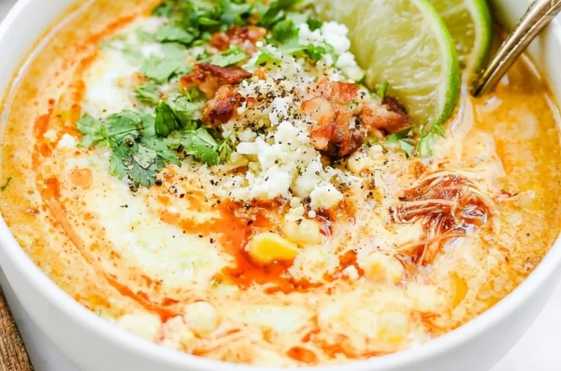 Bowl of Slow Cooker Mexican Street Corn Soup garnished with cilantro and lime