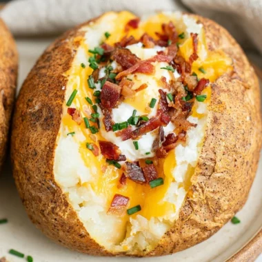 Smoked baked potato topped with sour cream and chives