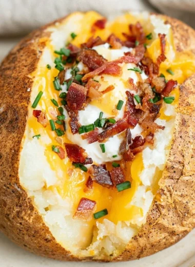 Smoked baked potato topped with sour cream and chives