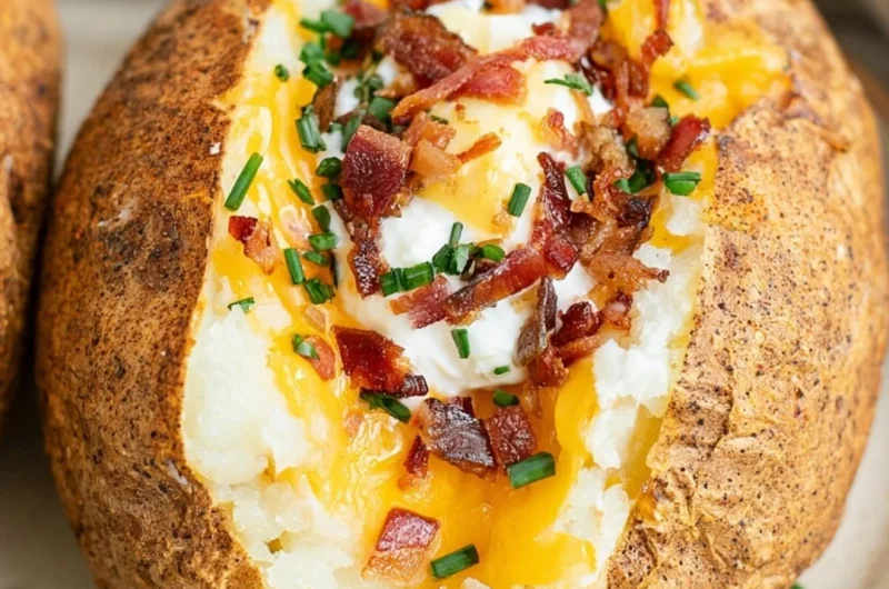 Smoked baked potato topped with sour cream and chives