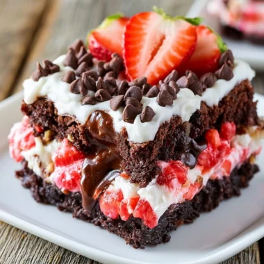 Delicious Strawberry Earthquake Cake with cream frosting and fresh strawberries