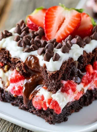 Delicious Strawberry Earthquake Cake with cream frosting and fresh strawberries