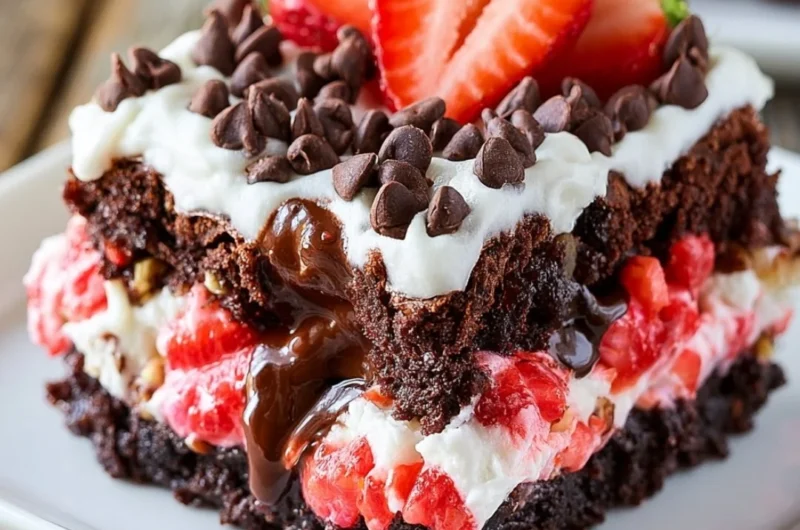 Delicious Strawberry Earthquake Cake with cream frosting and fresh strawberries