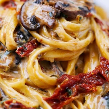 Delicious sun-dried tomato mushroom pasta served in a bowl