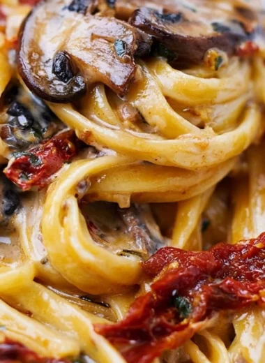 Delicious sun-dried tomato mushroom pasta served in a bowl