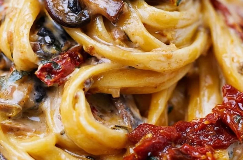 Delicious sun-dried tomato mushroom pasta served in a bowl