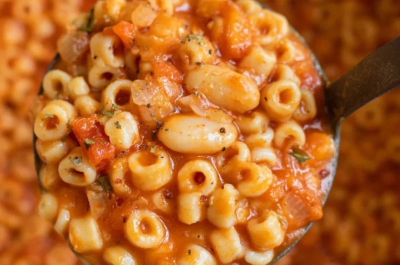 Bowl of hearty Pasta Fagioli Soup with beans and pasta garnished with herbs.