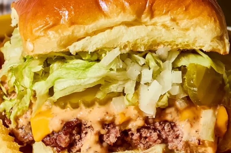 Delicious Cozy Big Mac Sliders served on a wooden board with fresh ingredients