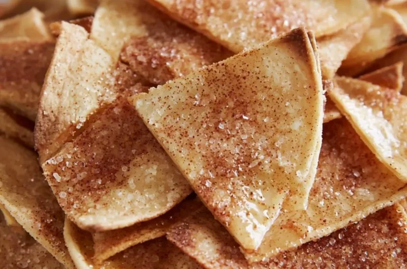 Cozy cinnamon sugar tortilla chips stacked on a plate, ready to be enjoyed.