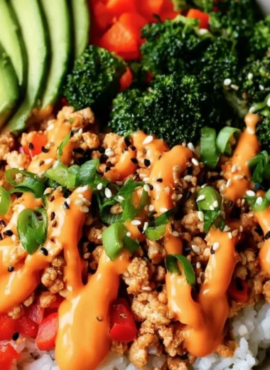 Delicious Bang Bang Turkey Bowls served in a colorful bowl with fresh ingredients.