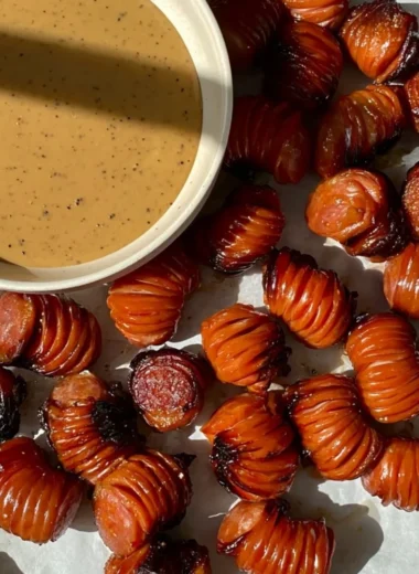Easy gameday sausage appetizer served on a platter with sauce and garnish.