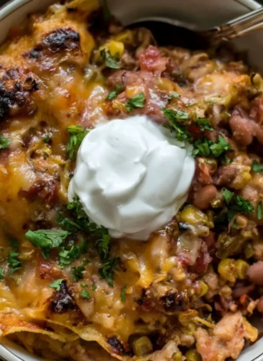 A healthy chicken casserole topped with fresh herbs and vibrant vegetables