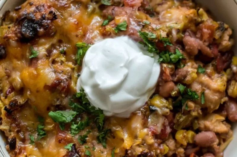 A healthy chicken casserole topped with fresh herbs and vibrant vegetables