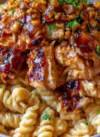 High Protein BBQ Chicken Pasta Salad with vibrant vegetables and BBQ sauce