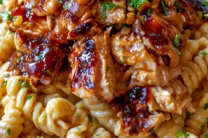 High Protein BBQ Chicken Pasta Salad with vibrant vegetables and BBQ sauce