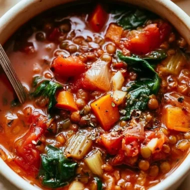 Bowl of Mediterranean Lentil Soup with fresh herbs and vegetables