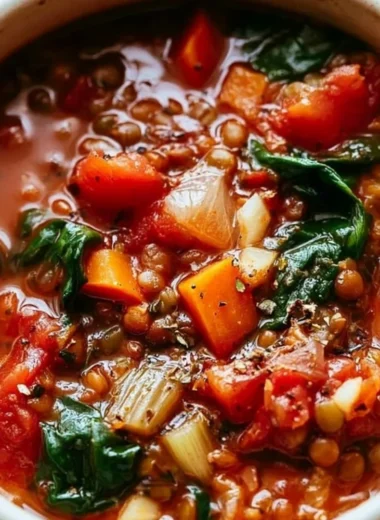 Bowl of Mediterranean Lentil Soup with fresh herbs and vegetables