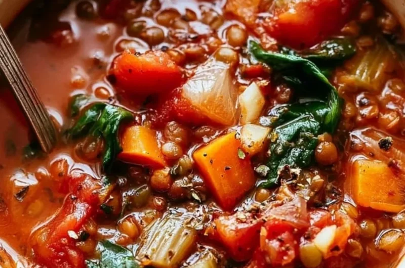 Bowl of Mediterranean Lentil Soup with fresh herbs and vegetables