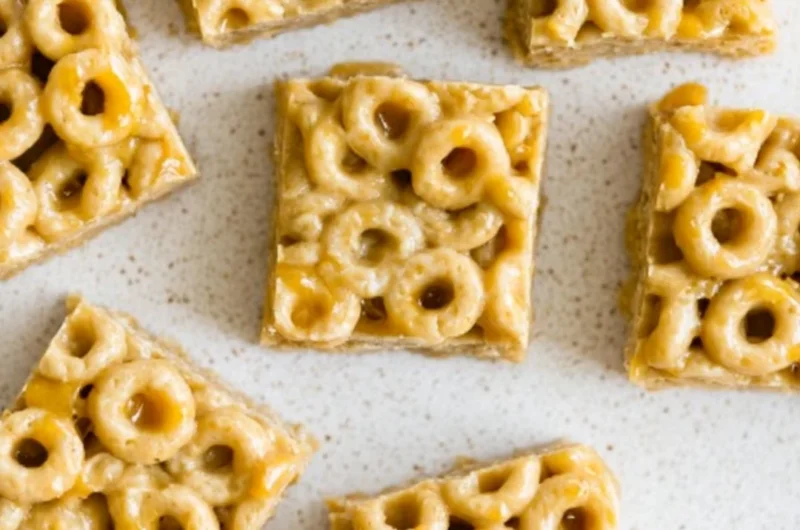 No Bake Peanut Butter Cheerio Bars with chocolate drizzle on top