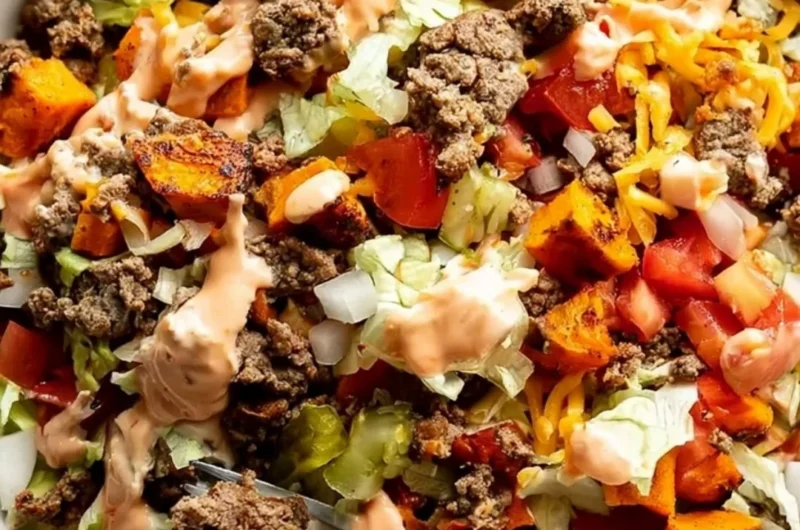 Sweet Potato Burger Bowl with fresh vegetables and toppings